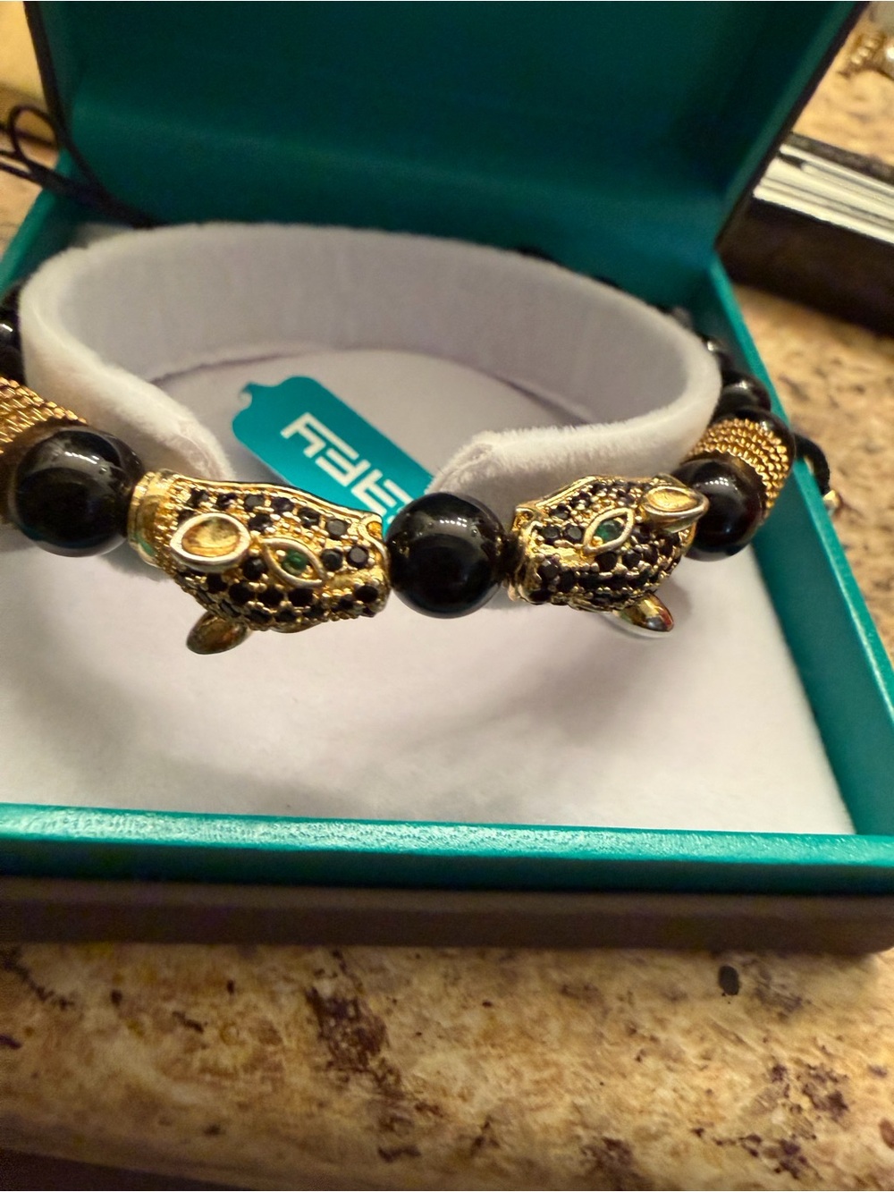Effy Gld and Black Jaguar over SS Head Bead Bracelet w/black dia/emerald eyes